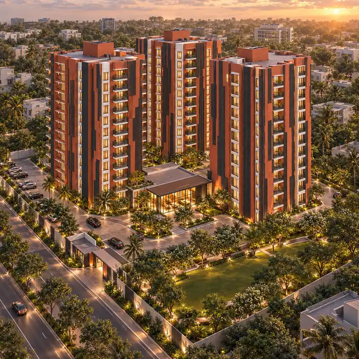 Splendid Evora aerial view of three towers around a single-storey amenity block, artist's impression Splendid Evora aerial view of three towers around a single-storey amenity block, artist's impression
