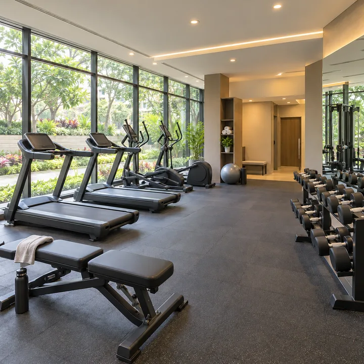 Splendid Evora gymnasium with cardio machines and a free-weights corner, artist's impression
