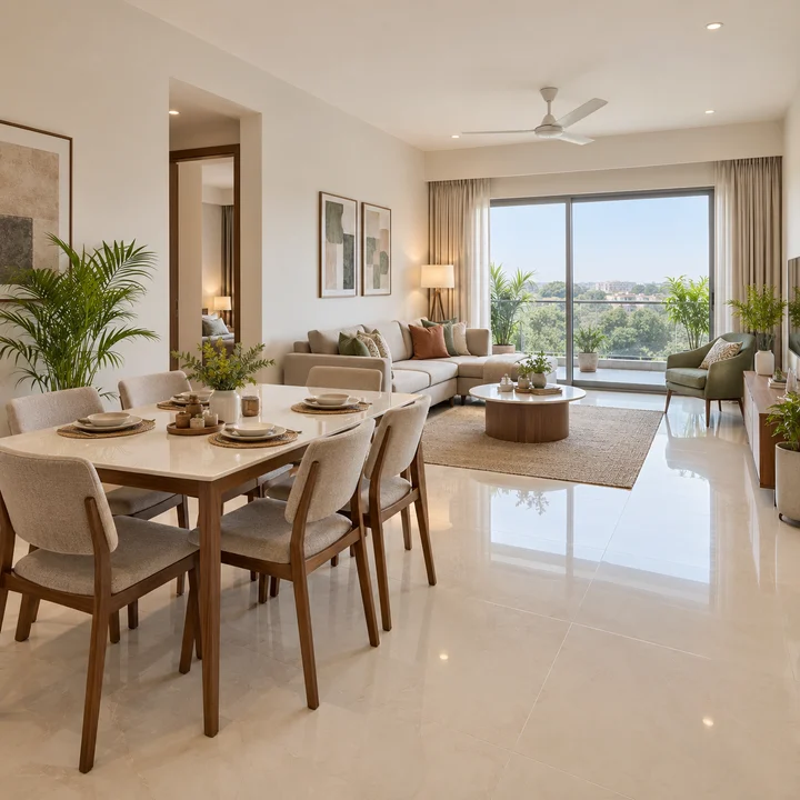 Splendid Evora living and dining room opening onto a sit-out, artist's impression