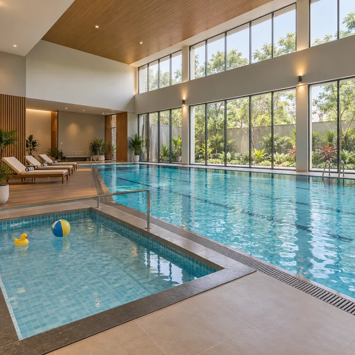 Splendid Evora swimming pool and toddlers' pool under a double-height roof, artist's impression