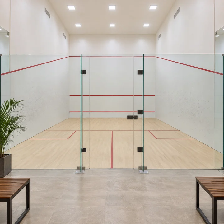 Splendid Evora indoor squash court with a glass back wall, artist's impression Splendid Evora indoor squash court with a glass back wall, artist's impression