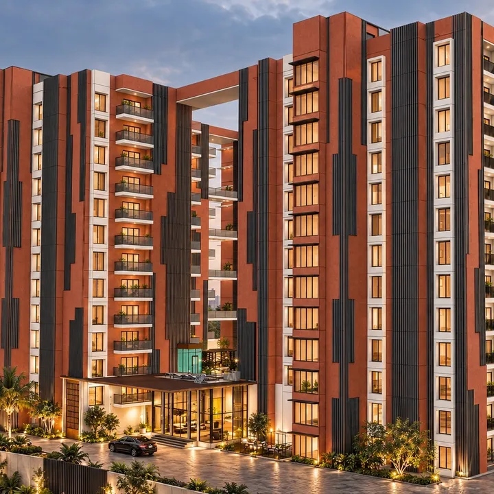 Splendid Evora towers with terracotta facades and glass balconies at dusk, artist's impression Splendid Evora towers with terracotta facades and glass balconies at dusk, artist's impression