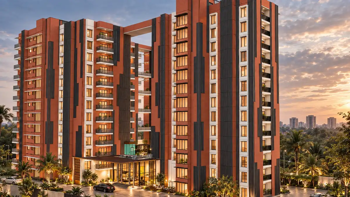 Splendid Evora towers with terracotta facades, charcoal fins and glass balconies, artist's impression Splendid Evora towers with terracotta facades, charcoal fins and glass balconies, artist's impression